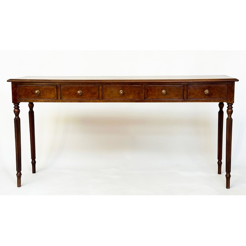 393 - HALL TABLE, George III design, burr walnut and crossbanded, rectangular with five frieze drawers and... 