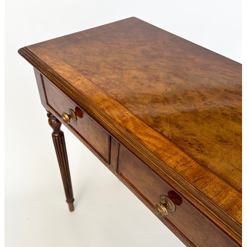 393 - HALL TABLE, George III design, burr walnut and crossbanded, rectangular with five frieze drawers and... 