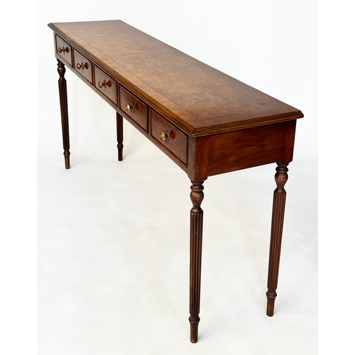 393 - HALL TABLE, George III design, burr walnut and crossbanded, rectangular with five frieze drawers and... 