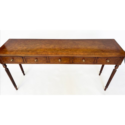 393 - HALL TABLE, George III design, burr walnut and crossbanded, rectangular with five frieze drawers and... 