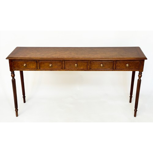 393 - HALL TABLE, George III design, burr walnut and crossbanded, rectangular with five frieze drawers and... 