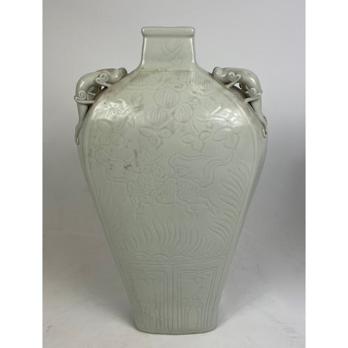 23A - CHINESE CELADON VASES, a pair, each having incised foliate decoration with stylised fish, 55cm H. (2... 