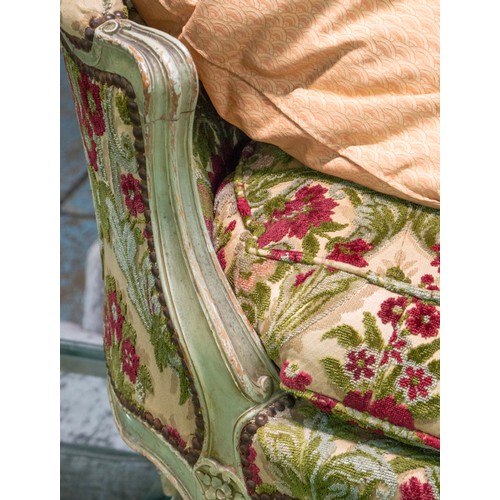 199 - CANAPE, 109cm H x 200cm W, early 20th century French painted in cut floral fabric.