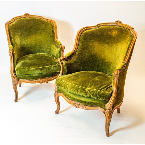 200 - BERGERES, 97cm H x 72cm W, a pair, early 20th century French beechwood in olive green chenille. (2)