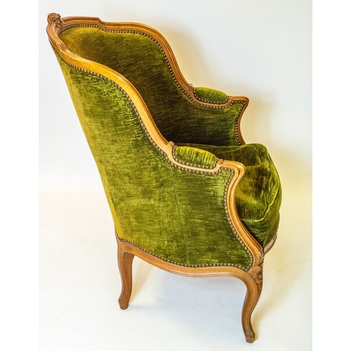 200 - BERGERES, 97cm H x 72cm W, a pair, early 20th century French beechwood in olive green chenille. (2)