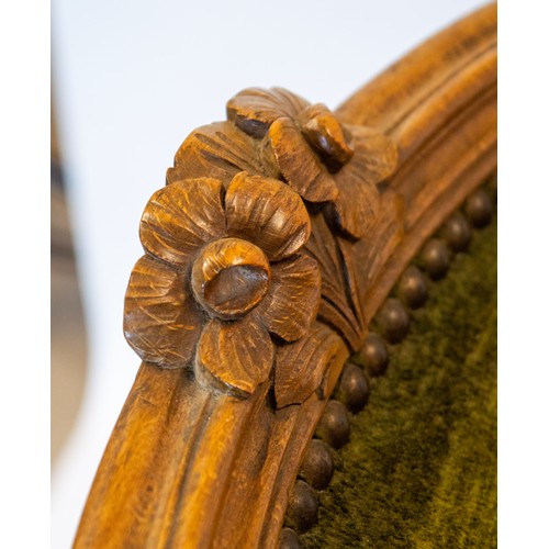 200 - BERGERES, 97cm H x 72cm W, a pair, early 20th century French beechwood in olive green chenille. (2)