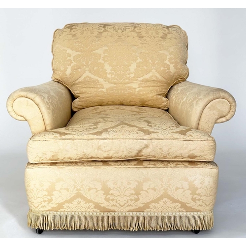 206 - ARMCHAIR, Howard style gold brocade upholstery with scroll arm and feather filled cushion pads, 92cm... 