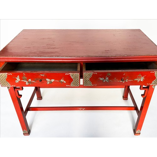 210 - SIDE TABLE, Chinese scarlet lacquered with gilt chinoiserie decoration, two frieze drawers and stret... 