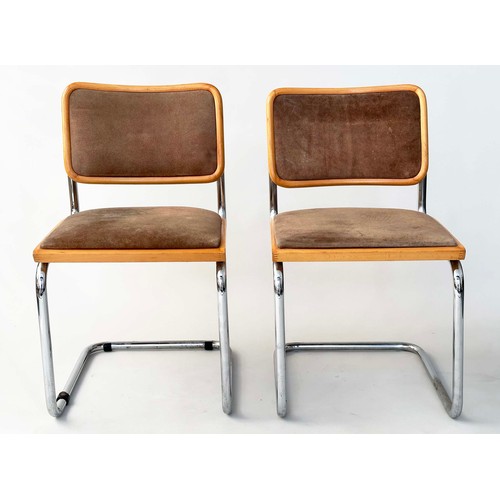 213 - SIDE CHAIRS, a pair, Italian cesa style beech framed, suede upholstered on cantilever chrome frame, ... 