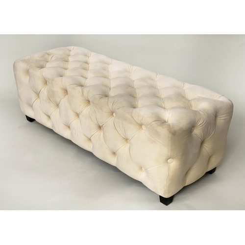 216 - STOOL, allover buttoned ivory velvet on short supports, 43cm x 43cm H x 115cm.