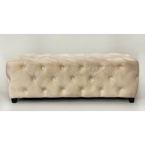 216 - STOOL, allover buttoned ivory velvet on short supports, 43cm x 43cm H x 115cm.