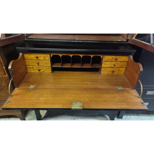 330A - EARLY 19TH CENTURY EBONISED SECRETAIRE BOOKCASE, blazed doors to upper section, the secretaire enclo... 