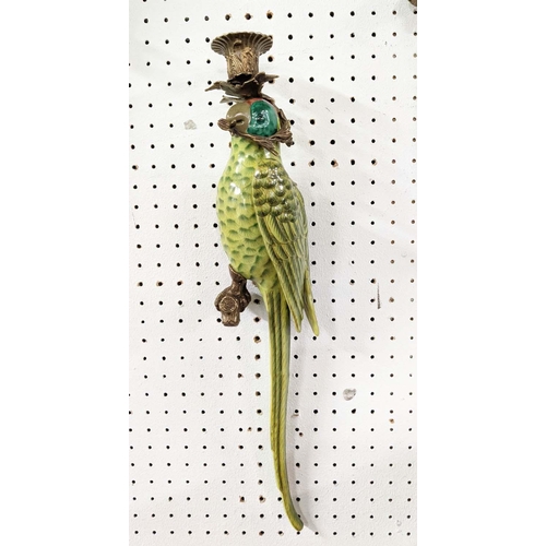 336 - WALL SCONCES, a pair, in the form of parrots, glazed ceramic, gilt mounts, 47cm L each. (2)