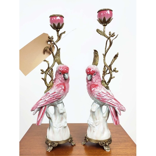 337 - CANDELABRA, a pair, in the form of cockatoos, glazed ceramic, gilt mounts, 42.5cm H each. (2)