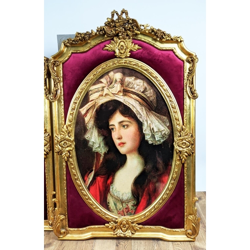 47 - ROMANTICISM PRINTS, a set of two, in gilt frames with red padded detail, 132cm x 82cm. (2)