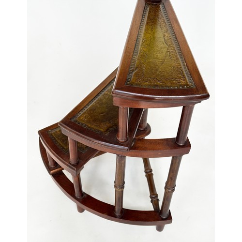 659 - LIBRARY STEPS, a tall set, George III style mahogany with four gilt tooled leather spiral steps and ... 