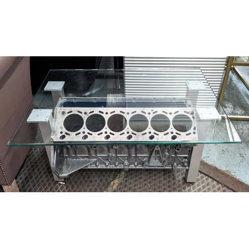 405 - BMW V12 ENGINE BLOCK LOW TABLE, 60cm D x 43cm H x 80cm H , glass top on an engine block base.