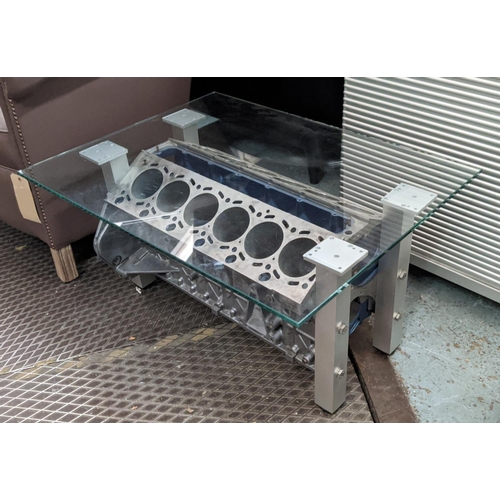 405 - BMW V12 ENGINE BLOCK LOW TABLE, 60cm D x 43cm H x 80cm H , glass top on an engine block base.