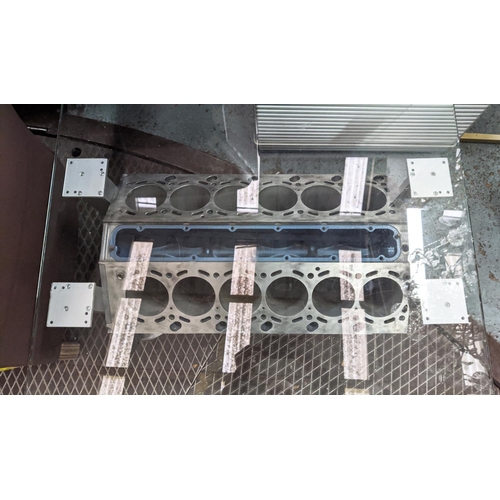 405 - BMW V12 ENGINE BLOCK LOW TABLE, 60cm D x 43cm H x 80cm H , glass top on an engine block base.