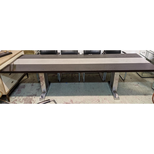 410 - MATTHEW COLLINS DINING TABLE, black stained ash, central chromed steel detail to top, 274cm x 91.5cm... 