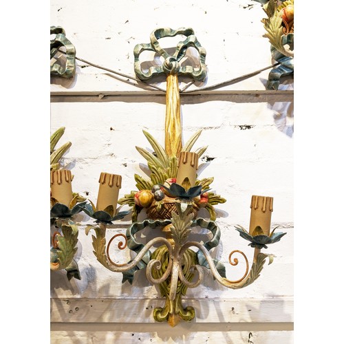 138 - WALL LIGHTS, a set of five, each three branch, polychrome finish, 63cm H each. (5)