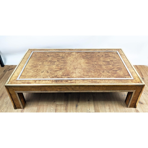 413 - LOW TABLE, 140cm 79.5cm x 37cm, vintage 1970s, burr ash with metal banded detail.