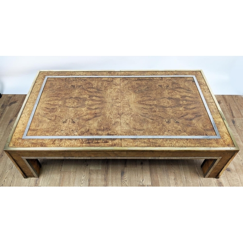 413 - LOW TABLE, 140cm 79.5cm x 37cm, vintage 1970s, burr ash with metal banded detail.