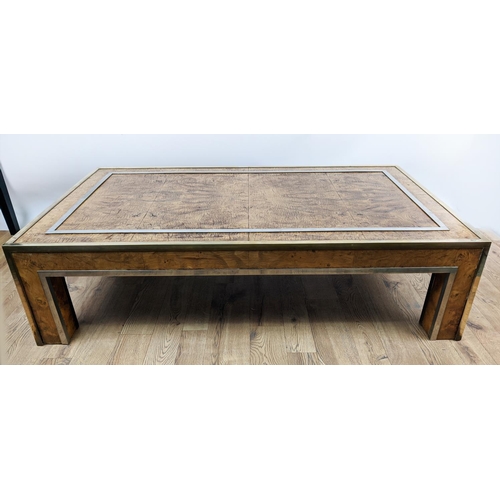 413 - LOW TABLE, 140cm 79.5cm x 37cm, vintage 1970s, burr ash with metal banded detail.