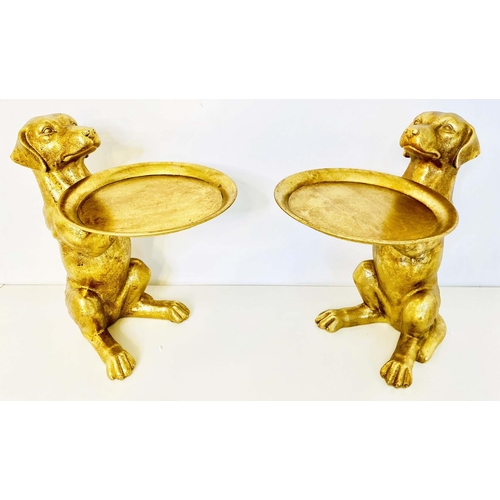 401 - DOG SERVING TRAYS, a pair, gilt finished resin, 44cm x 38cm x 27cm. (2)