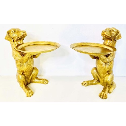 401 - DOG SERVING TRAYS, a pair, gilt finished resin, 44cm x 38cm x 27cm. (2)