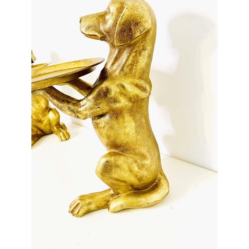 401 - DOG SERVING TRAYS, a pair, gilt finished resin, 44cm x 38cm x 27cm. (2)