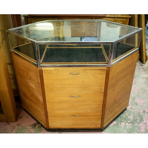 325 - DISPLAY CABINET, 92cm H x 118cm W x 65cm D, mid 20th century pine and chrome with glazed top, black ... 