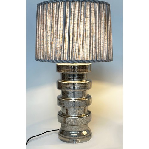 675 - TABLE LAMPS, a pair, Venetian style silvered mirrored glass of circular drum form with pleated shade... 