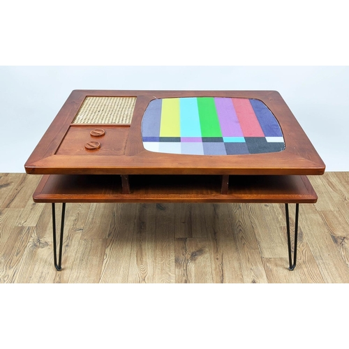 351 - LOW TABLE, 100cm x 70cm, vintage television inspired design, hair pin supports.