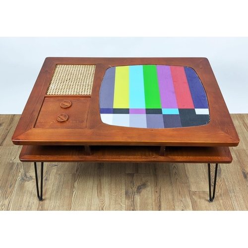 351 - LOW TABLE, 100cm x 70cm, vintage television inspired design, hair pin supports.