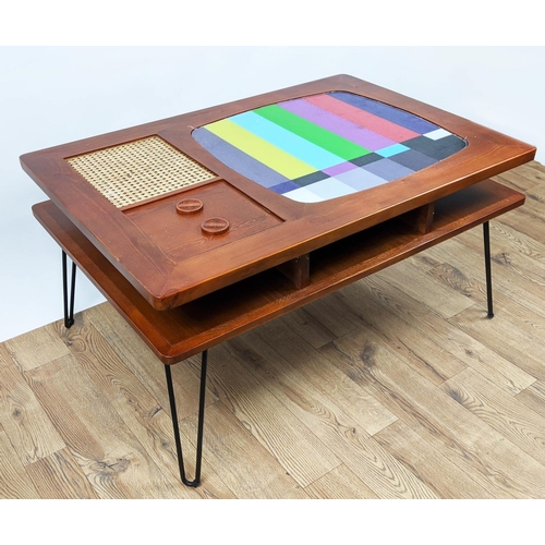 351 - LOW TABLE, 100cm x 70cm, vintage television inspired design, hair pin supports.