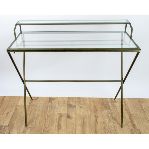 465 - DESK, 87cm H x 95cm W x 42cm D, gilt metal with glass top and shelf.