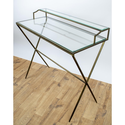 465 - DESK, 87cm H x 95cm W x 42cm D, gilt metal with glass top and shelf.