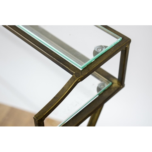 465 - DESK, 87cm H x 95cm W x 42cm D, gilt metal with glass top and shelf.