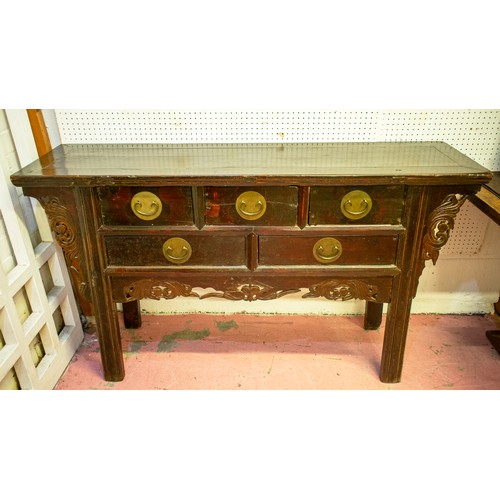 473 - ALTAR TABLE/CHEST, 84cm H x 144cm x 40cm, 19th century Chinese lacquered of five drawers.