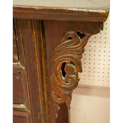 473 - ALTAR TABLE/CHEST, 84cm H x 144cm x 40cm, 19th century Chinese lacquered of five drawers.