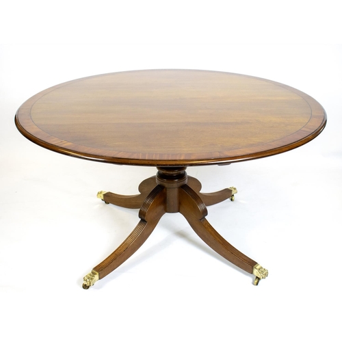 475 - DINING TABLE, 72cm H x 132cm D, Georgian style mahogany and satinwood crossbanded with circular top ... 