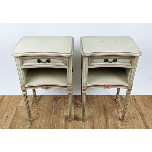 120 - BEDSIDE CABINETS, a pair, each 42cm W x 30cm D x 70cm H, Louis XVI style painted, each with single d... 