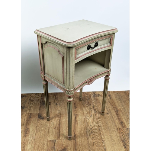 120 - BEDSIDE CABINETS, a pair, each 42cm W x 30cm D x 70cm H, Louis XVI style painted, each with single d... 