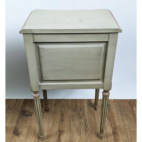 120 - BEDSIDE CABINETS, a pair, each 42cm W x 30cm D x 70cm H, Louis XVI style painted, each with single d... 