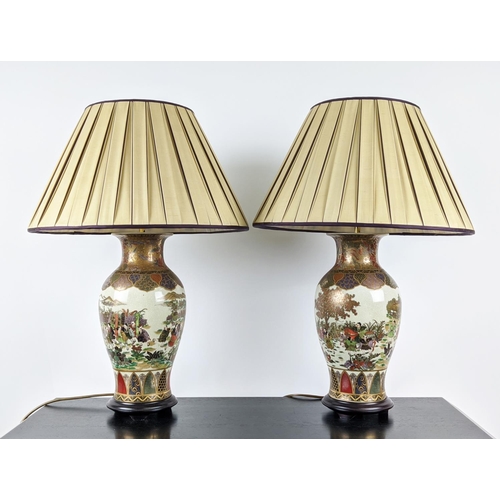 116 - SIDE LAMPS, a pair, each 72cm H overall including shades, Chinese style. (2)