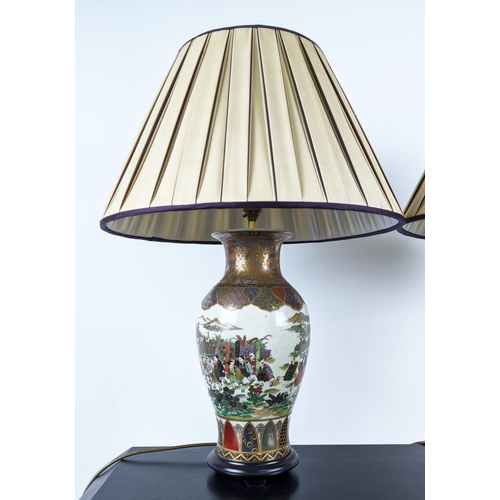 116 - SIDE LAMPS, a pair, each 72cm H overall including shades, Chinese style. (2)