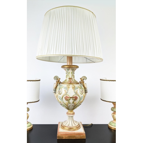 121 - TABLE LAMP, 87cm tall overall, including shade on a Florentine polychrome base, along with a pair of... 