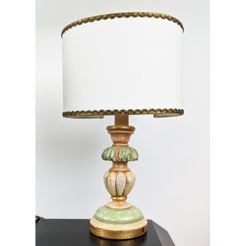 121 - TABLE LAMP, 87cm tall overall, including shade on a Florentine polychrome base, along with a pair of... 