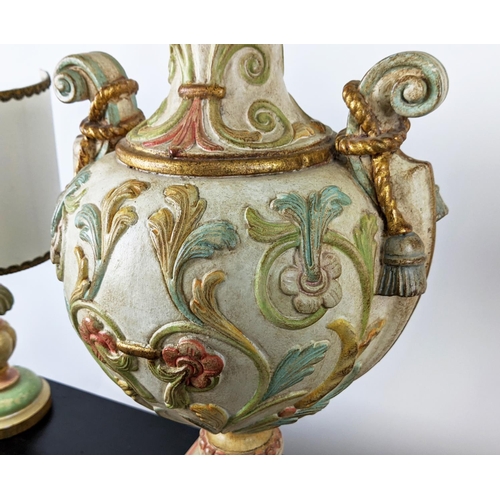 121 - TABLE LAMP, 87cm tall overall, including shade on a Florentine polychrome base, along with a pair of... 